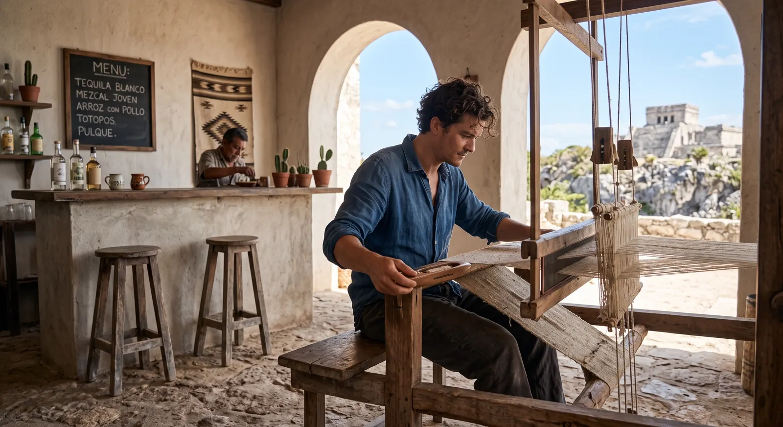 Orlando Bloom weaving at a wooden loom in a Tulum saloon, with the Mayan ruins through the arches behind him